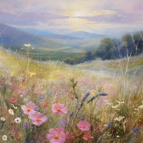 Wild Flower Field Aesthetic, Cosmos Flowers Garden, Flower Meadow Painting, Field Of Flowers Painting, Apartment Development, Summer Fields, Wildflower Art, Mediums Of Art, Landscape Painting Tutorial