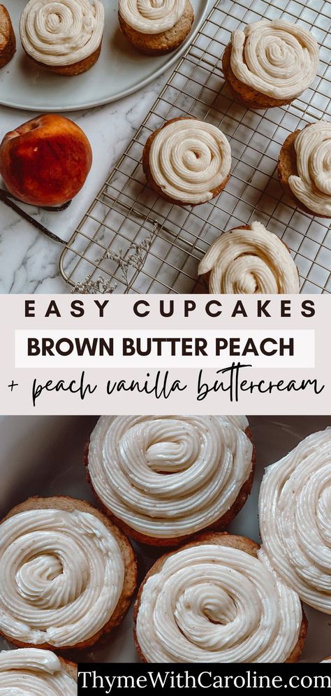 Peach Buttercream Frosting, Peach Cupcakes Recipe, Extra Peaches, Homemade Sweets Recipes, Peach Buttercream, Summer Cupcake, Fluffy Buttercream, Peach Cupcakes, Vanilla Bean Buttercream