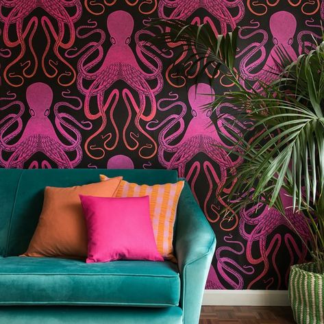 Inspired by the flowing lines and curves of Art Nouveau and vintage botanical studies this largescale octopus illustration showcases intricate line work and dot detailing. Please note Actual pattern repeat is 32cm. Seen here in the Ombre Pink  Orange colourway. Mexican Dining Room, Art Deco Hallway, Octopus Wallpaper, Vintage Maximalist Decor, Octopus Illustration, Eclectic Wallpaper, Mulberry Home, Nina Campbell, Mini Moderns