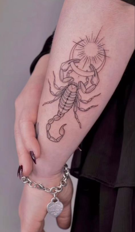 Scorpio Themed Tattoos, Scorpion Tattoo On Forearm, Scorpion Goddess Tattoo, Scorpion Chest Tattoo Female, Scorpio Chest Tattoo Female, Scorpio Tattoo Wrist, Scorpio Arm Tattoos For Women, Scorpion Moon Tattoo, Taurus Scorpio Tattoo Combined