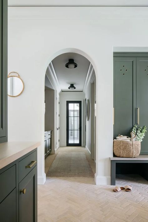 Earthly Palette, Mudroom Paint, Red Brick Pavers, Mudroom Paint Color, Transitional Laundry Room, Mudroom Flooring, Kate Marker Interiors, Mudroom Lockers, Timber Ceiling