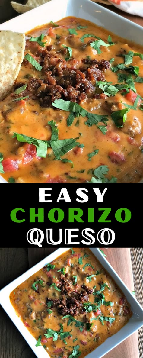 Choriqueso - Chorizo Queso - warm, velvety cheese and chorizo dip with diced tomatoes, fresh cilantro and a light squeeze of lime juice. Serve this easy appetizer with tortilla chips. Perfect for football parties, tailgating and holiday parties. #chorizoqueso #queso #nachocheese #cheesedip #mexicancheesedip #chorizo #chorizoqueso #footballappetizer #footballfood #tailgating #holidayappetizer #thanksgivingappetizer #agoudalife Queso Dip With Velveeta, Chorizo Queso Dip, Chorizo Dip, Chorizo Queso, Mexican Dips, Chorizo Recipes, Chorizo Sausage, Queso Dip, Halloween Appetizers