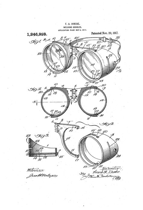 Patent US1246928 - Welding-goggles. - Google Patents Steampunk Goggles Drawing, Goggles Illustration, Goggles Drawing, Workshop Decor, Best Cover Up Tattoos, Welding Goggles, Home Office Man Cave, Gifts For Welders, Home Office Man