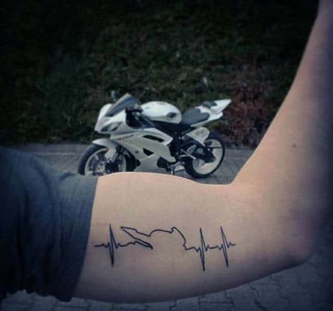 Popularly known as the EKG line tattoo, the pulse symbol is similar to a little monitor with an irregular line that bounces up and down just like when a patient is hooked to a heart… Pulse Tattoo, Bike Tattoo, Heartbeat Tattoo, Ink Ideas, A Tattoo, Tattoo On, Tattoo Designs, Bike