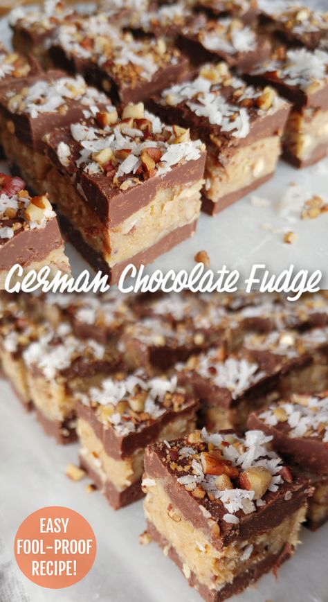 A simple, fool-proof recipe for chocolate fudge layered with pecan coconut German chocolate filling made easy with sweetened condensed milk. German Chocolate Filling, German Chocolate Fudge Recipe, German Chocolate Fudge, Sweetened Condensed Milk Fudge, Vacation Recipes, South Your Mouth, Milk Chocolate Fudge, Homemade Fudge Recipes, Yummy Bites