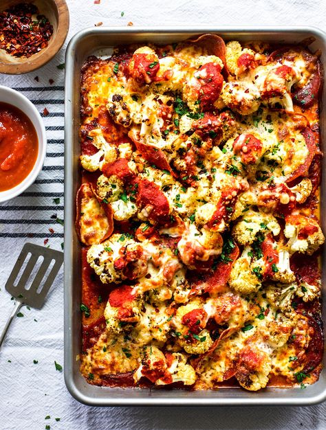 Roasted Cauliflower "Pizza" Bake — My Diary of Us Roasted Cauliflower Pizza, Roasted Cauliflower Pizza Bake, Healthy Pizza Bake, Cauliflower Pizza Bake, Healthy Cauliflower Pizza, Cauliflower Pizza Casserole, Pizza Cauliflower, Cauliflower Pizza Recipe, Roasted Cauliflower Recipes