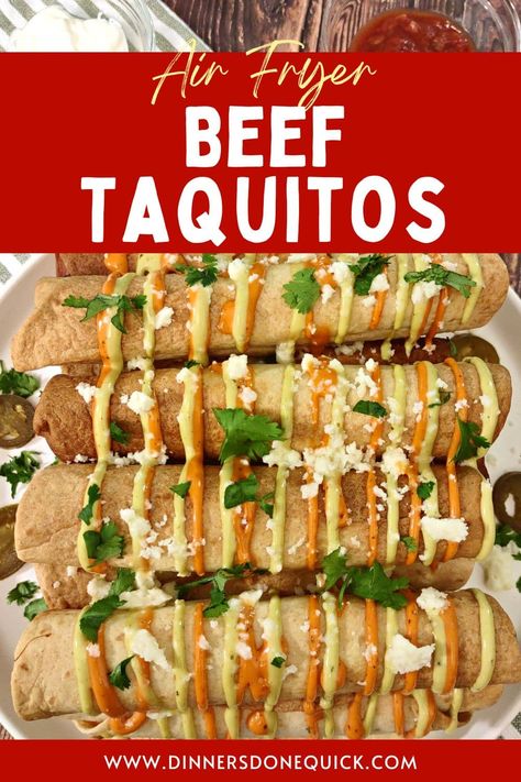 Indulge in the crispy goodness of these homemade beef taquitos made in the air fryer. Quick, easy, and perfect for any occasion! Try them out today. #dinnersdonequick #taquitos #beeftaquitos #taquitosrecipe #taquitosinairfryer #taquitosintheairfryer #taquitosgroundbeef #taquitosrecipebeef #beef #taquitos #airfryer #quickrecipes #dinnerideas #easyairfryerrecipes #airfryerrecipes #mexicanrecipes Ground Beef Taquitos Air Fryer, Taquitos Air Fryer, Taco Egg Rolls, Beef Taquitos, Taquitos Beef, Taquitos Recipe, School Dinners, Air Fryer Recipe, Crowd Pleasing Appetizers