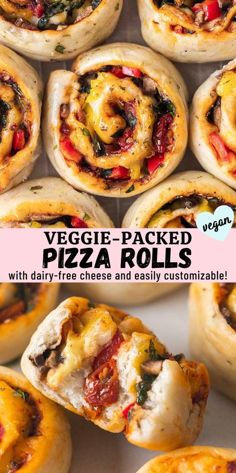 These vegan pizza rolls are easy to make and packed with flavor! They're a great quick snack for adults and kids and perfect for gatherings. They're easily customizable and you can use either homemade or store-bought pizza dough. Vegan Pizza Rolls, Plant Based Pizza, Pizza Buns, Spinach Pizza, Vegan Party Food, Plant Based Cookbook, Healthy Vegan Snacks, Pizza Bites, Caramelized Onion