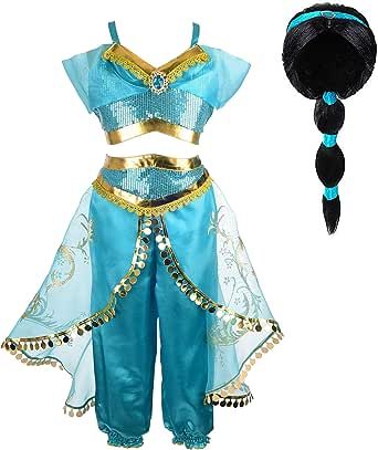 Tacobear Jasmine Costume for Girls Arabian Sequined Princess Dress Up Princess Cosplay Costumes for Kids Jasmine Costume Girls, Jasmine Costume Kids, Costume With Wig, Teen Costumes, Jasmine Cosplay, Princess Jasmine Cosplay, Jasmine Halloween Costume, Princess Jasmine Dress, Woman Costumes