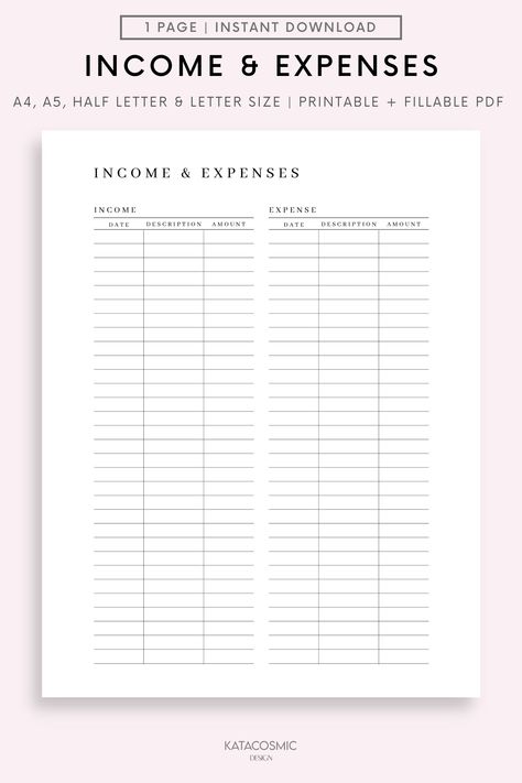 "Use this printable expense tracker to chart the expenses of your day to stay on track! Watch your debt-free goals come true throughout the year. Product information: * Your purchase includes A4, A5, Letter, Half Letter and Fillable (Letter) planners. * Text and colours that are part of the design CAN NOT be altered. * Room for hole punches on either side * Perfect for home and office use. * Print as many pages as you need. * Simply print from your home printer, or send it to a local printing sh Expenses And Income Tracker, Daily Income And Expense Tracker, Free Income Tracker Printable, Income Tracker Printable Free, Income And Expenses Worksheet, Income And Expense Tracker Printable, Income Expense Tracker, Budget Worksheets, Income And Expense Tracker