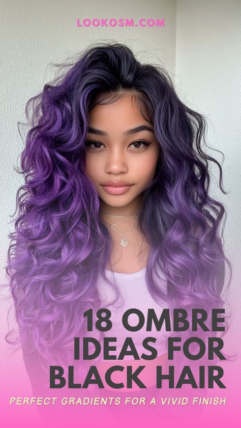 Save this for later! Add dimension and personality to your black hair with these 18 vivid ombre looks. Perfect for anyone who loves unique and trendy hairstyles. Click the pin and follow us for more hair transformation ideas! #HairInspo #OmbreTrends #VividHairColors #BlackHairStyle #BoldLooks Black And Purple Highlights, Purple Hair Color Ombre, Black Hair Ombre, Ideas For Black Hair, Black Hair Balayage, Half Shaved, Beautiful Black Hair, Purple Highlights, Ombre Fashion