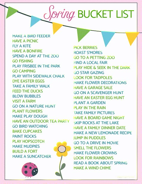 50 Fun Ideas for Your Spring Bucket List | Free Printable Spring School Activities Classroom, Spring Family Bucket List, Spring Bucket List For Families, April Bucket List Ideas, Toddler Spring Bucket List, Spring Traditions, April Bucket List, Spring Break Bucket List, Spring Break Activities For Kids