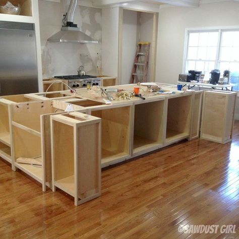 Kitchen island update Kitchen Island Using Stock Cabinets, Build Your Own Kitchen Island, Build Your Own Kitchen, Farm Kitchen Ideas, Build Kitchen Island, Kitchen Island Cabinets, Kitchen Island Plans, Building A Kitchen, Kitchen Wall Cabinets