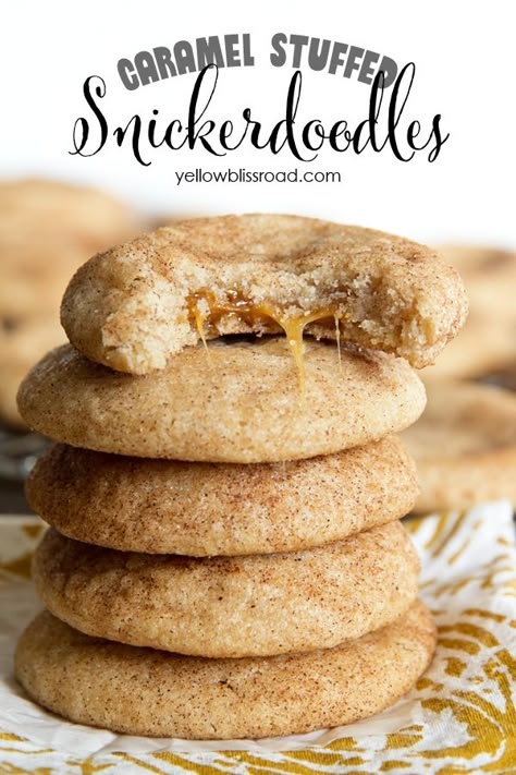 Caramel Stuffed Snickerdoodle Cookies Bbq Dessert, Snickerdoodle Cookies Easy, Yellow Bliss Road, Snickerdoodle Cookies, Snickerdoodle Cookie Recipes, Snickerdoodles, Vegan Cookies, Cookie Desserts, Yummy Cookies