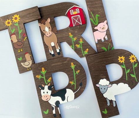 Farm Style Nursery, Farm Nursery Theme Boys, Farm Baby Nursery, Farmhouse Baby Nursery, Farm Animals Nursery Theme, Barnyard Nursery, Wooden Letters For Nursery, Farm Nursery Theme, Painted Wood Letters