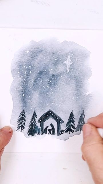 Diane Antone Studio on Instagram: "Cards, gifts and advent calendars… Christmas paintings are a great way to share reminders that we are all under the same stars. #watercolor #christmascards #christmasmakes #easywatercolor #watercolorforbeginners #nativityscene #nativity" Easy Nativity Watercolor, White Christmas Card Ideas, Diy Christmas Cards Nativity, Watercolor Nativity Simple, Nativity Christmas Cards Diy, Winter Night Watercolor, Christmas Angel Painting Easy, Watercolor Advent Calendar, Watercolor Nativity Tutorial