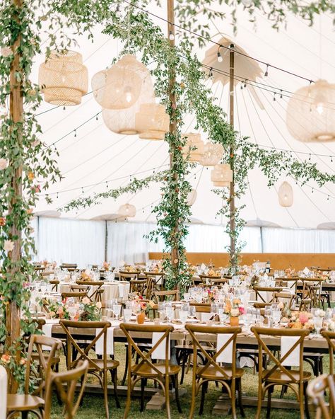 Martha Stewart Weddings on Instagram: “Natural woven lanterns and greenery used to wrap the tent poles helped create an effortless, al fresco atmosphere for this couple's…” Wedding Tent Lights, Pole Tent Wedding Reception, Tent Pole Greenery, Tent Pole Greenery Wedding, Tent With Greenery Ceiling, Clear Tent With Lights And Greenery, Marquee Paper Lanterns, Clear Tent Wedding Chandeliers, Hanging Rattan Lanterns Wedding