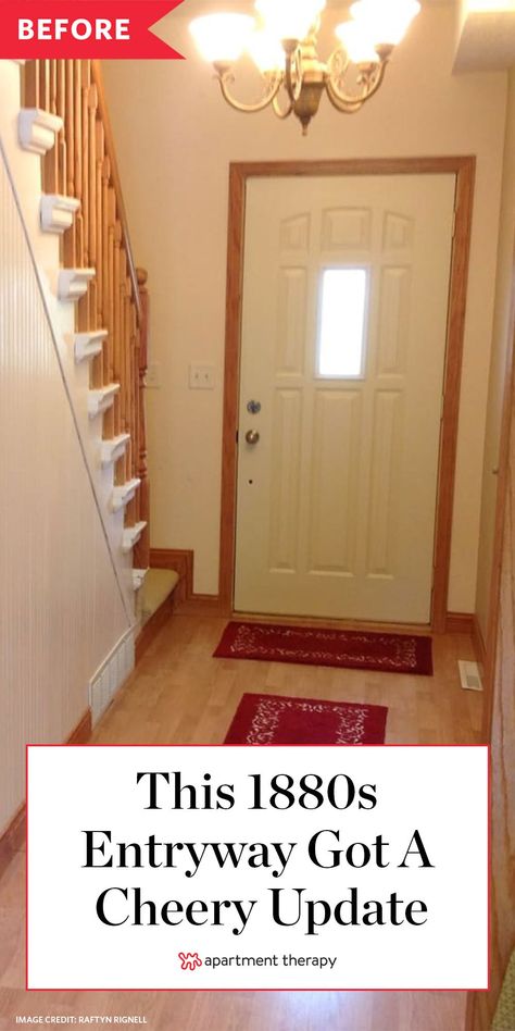 Entryway Into Stairs, Front Door Staircase Entrance, Stairs Right Inside Front Door, Entryway Remodel Before And After, Foyer Update Entryway, Entryway Next To Stairs, Narrow Entryway With Stairs, Old House Entryway, Stairs In Front Of Door Entryway