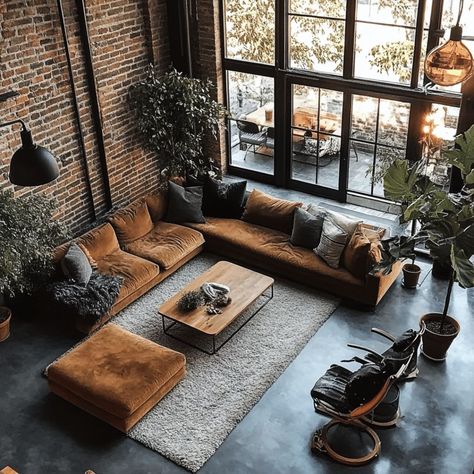 10 Industrial Living Room Ideas: Create a Cozy Yet Stylish Space with Raw Materials and Vintage Finds | Florgeous Modern Industrial Interior Design Living Room Apartment, Industrial Urban Living Room, Rustic Industrial Decor Living Room, Industrial Sunroom, Open Living Room Decor, Living Room Brick Wall, Minimalist Industrial Living Room, Industrial Bohemian Decor, Minimalist Industrial Interior Design