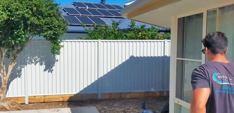 White Colorbond Fence, Surfmist Fence, Colorbond Fence, Concrete Sleepers, Shale Grey, Fence Options, House Fence Design, Dream Backyard, Byron Bay