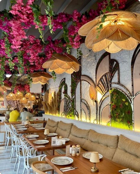 Maximalist Decor Restaurant, Boho Themed Restaurant, Tropical Restaurant Design Interiors, French Vietnamese Decor, Cuban Restaurant Design, Tropical Theme Restaurant, Latin Restaurant Design, Organic Restaurant Design, Cottagecore Restaurant