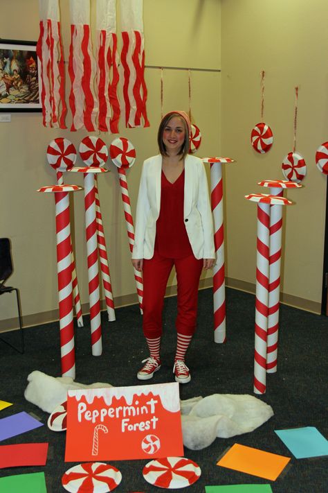 Library Candyland 2015 – Peppermint Forest Peppermint Forest, Candy Castle, Christmas Classroom Door, First Live, Gingerbread Village, Candyland Birthday, Candyland Party, Candy Land Theme, Christmas Parade