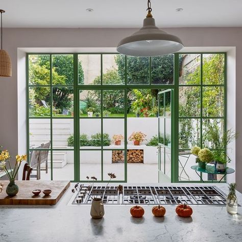 Crittal Windows, Devol Kitchens, Basement Kitchen, Green Door, London House, Patio Interior, Shaker Kitchen, Extension Ideas, Kitchen Extension