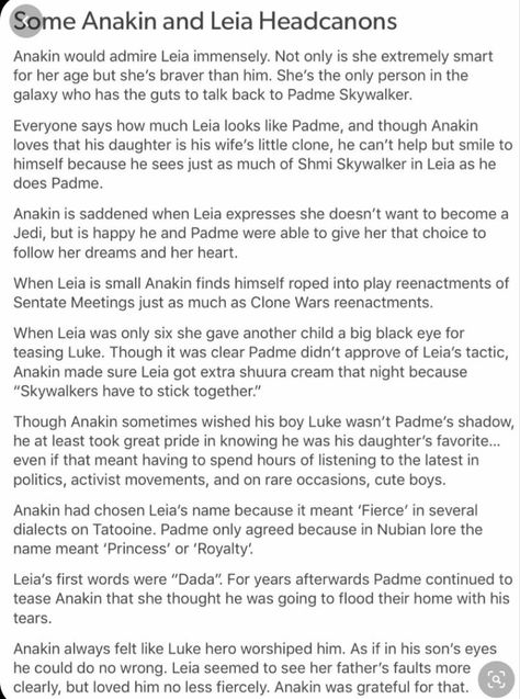 Anakin Headcanon, Anakin Skywalker Headcanon, Anakin And Leia, Star Wars Headcanon, Leia Skywalker, Young Anakin Skywalker, Padme Amidala, Star Wars Fandom, Anakin Skywalker