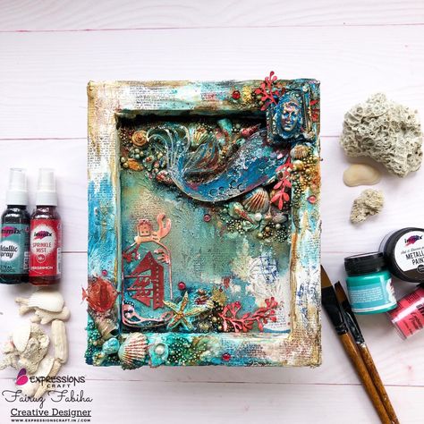 Mixed Media Sea Theme Altered Canvas, Mixed Media Art Projects, Reverse Canvas, Marine Theme, Craft Products, Gel Medium, Diamond Glitter, Mixed Media Projects, Amulets