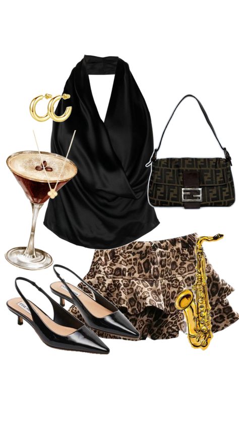 A timeless leapord print outfit with a black cowel neck top and a fendi baguette - perfect for a night at the Jazz bar xx Fendi Baguette Outfit, Bar Outfit Night, Jazz Outfits, Jazz Party, Bad And Bougie, Outfit Bar, Bar Dress, Bar Outfits, Jazz Dress