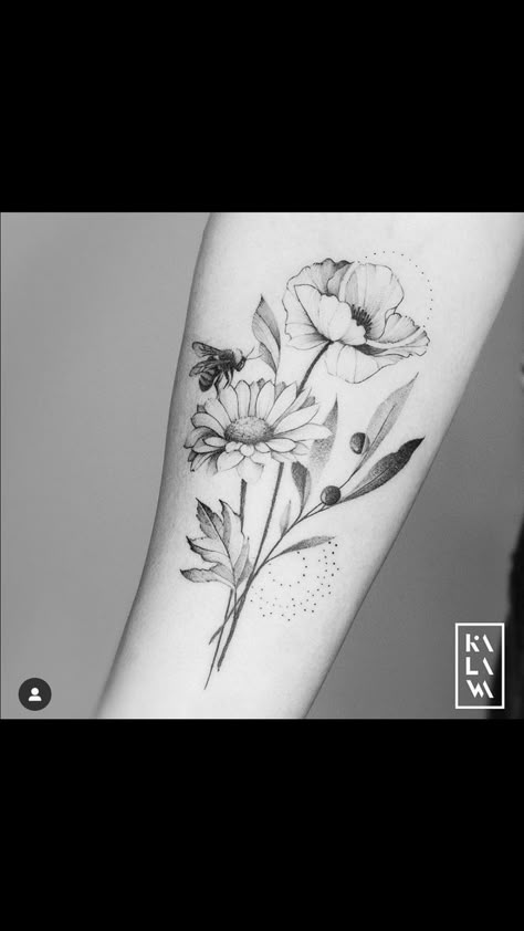 Daffodil Daisy And Poppy Tattoo, Sunflower With A Bee Tattoo, Poppy Daisy Rose Tattoo, Bees Flowers Tattoo, Poppy And Aster Tattoo, Poppy And Cosmos Tattoo, Poppy Sunflower Tattoo, Daisy And Cosmos Flower Tattoo, Poppy And Daisy Flower Tattoo