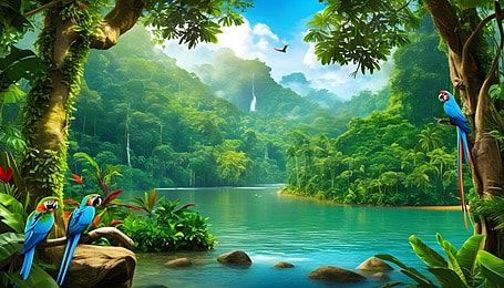 tranquil rainforest majestic beauty,lush amazon vibrant forest scene,ai generated,amazon,rainforest,jungle,forest,nature,tropical,landscape,wildlife,tree,cartoon,green,plant,environment,art,leaf,foliage,exotic,natural,outdoor,animal,wild,concept,adventure,beautiful,climate Nature Background Images Landscape, Jungle Pictures, Rainforest Biome, Desktop Background Nature, Rainforest Photography, Jungle Landscape, Jungle Background, Forest Cartoon, Jungle Nature