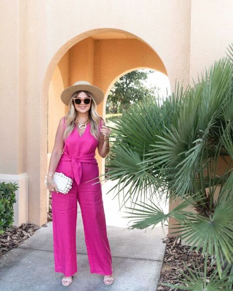 Krystin Lee, Sunny Dress, Dress Earrings, Pink Jumpsuit, Linen Jumpsuit, Pink Linen, Spring Summer Outfits, Comfortable Outfits, Dress With Bow