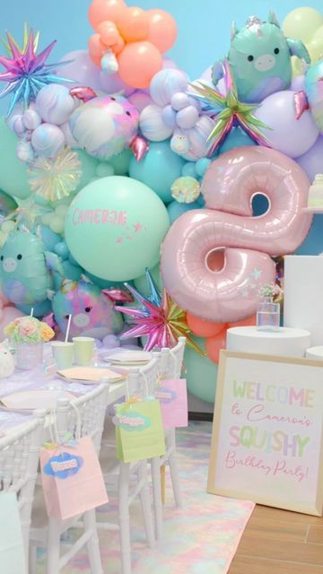 Haute House Kids on Instagram: "Squishmallow Party! This theme was seriously squishy and cute! Loved the pastel and iridescent touches. 

Event Planning & Styling @hautehousekids 
Balloons @xceptionalballoons 
Acrylic @parkergrovelane 
Venue @sweetfareshop
Plinths @raleighmodernhouse 
Printing @birdseyedesignsnc 
Snack boxes @figandforage" Squishmallow Balloon Arch, Squishy Birthday Party Ideas, Girl 5th Birthday Party Themes, Squishmallow Birthday Party Ideas, 8th Birthday Party Ideas, Squishmallows Birthday Party, Squishmallow Birthday Party, Summer Birthday Party Decorations, Squishmallow Party