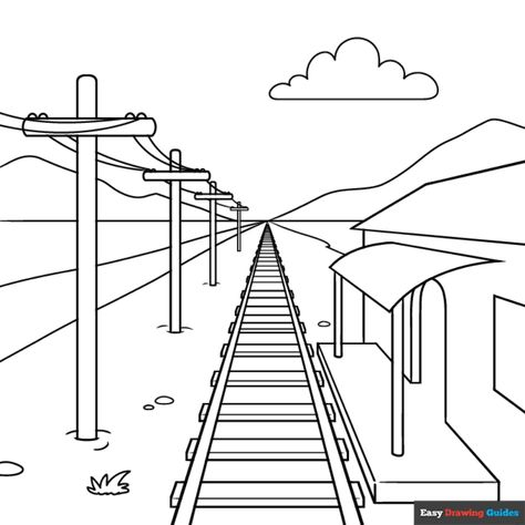 Free Easy Train Track in One Point Perspective Coloring Page for Kids Train Tracks Drawing, Perspective Pictures, Easy Drawing Guides, Beach Coloring Pages, Drawing Guides, One Point Perspective, Point Perspective, Kids Print, Printable Coloring Sheets