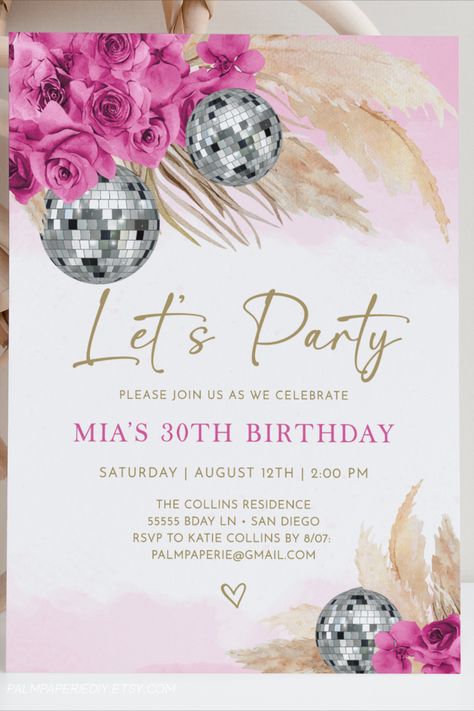 Boho Disco Invitation, Disco Theme Birthday Invitation, 80s Disco Birthday Party Theme, 30th Disco Birthday, Disco Theme Invitations, 18th Birthday Party Invitations Ideas, Pink Disco Party Invitation, Disco Birthday Theme, Boho Disco Party