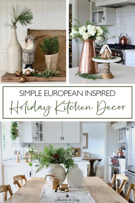 Gorgeous European Farmhouse Christmas Inspiration! French inspired Christmas Decor Ideas using Caramel and Copper--->#maisondecinq christmasdecor christmasdecorating holidaydecor holidaydecorating whitechristmas farmhousestyle frenchfarmhouse frenchcountry countryfrench farmhousechristmas frenchchristmas neutralchristmasdecor europeanfarmhouse European Farmhouse Christmas, Farmhouse Ceiling Ideas, European Christmas Decor, French Country Christmas Decor, French Christmas Decor, Holiday Kitchen Decor, French Country Christmas, Minimalist Christmas Decor, Front Door Christmas Decorations