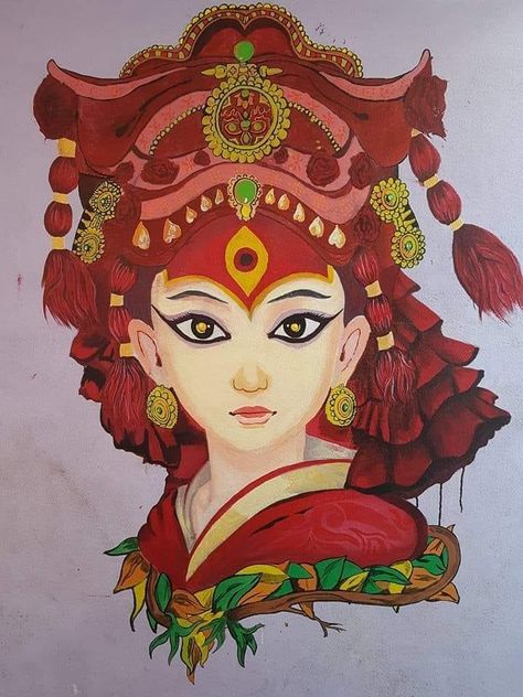 Lakhey Culture Art, Kumari Drawings, Nepali Culture Art, Kumari Goddess Painting, Nepal Drawing, Air Photoshoot, Nepali Art, Nepali Culture, Festival Paint