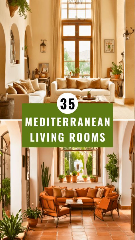 Two cozy Mediterranean living rooms with warm tones. The upper room features light-colored sofas and natural light, while the lower room has terracotta tiles and lush indoor plants. The image highlights 35 stylish design ideas. West Indies Living Room, Moroccan Living Room Ideas, Tuscan Living Room Ideas, Mediterranean Living Room Ideas, Mediterranean Color Scheme, Moroccan Lanterns Hanging, Modern Mediterranean Living Room, Mediterranean Living Room Decor, Mediterranean Artwork