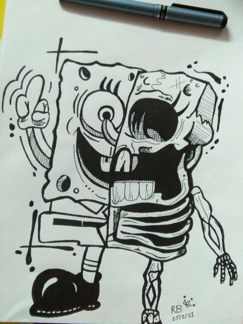 Sketches Of Spongebob, Cool Spongebob Drawings, Scary Spongebob Drawing, Scary Cartoon Drawings, Sketch Spongebob, Spongebob Illustration, Spongebob Sketches, Spongebob Black And White, Spongebob Sketch