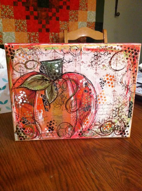 Pumpkin, fall mixed media art. Thanks for posting and like this so much Pinterest peps!! You know how to make an artist feel validated. You rock! Thanksgiving Mixed Media Art, Fall Art Journal Ideas, Fall Mixed Media Art, Multi Media Art Projects, Mixed Media Collage On Canvas, Collage On Canvas, Fall Canvas, Mixed Media Art Canvas, Pumpkin Art