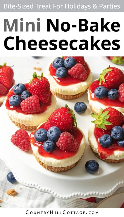 These delicious Philadelphia no bake mini cheesecakes are super simple to make. Smooth, creamy, and with a buttery graham cracker crust, they make a delightful bite-sized dessert that's perfect for any celebration and holiday. Using only a few basic ingredients and minimal equipment, these tiny cheesecakes are formed in a muffin pan and set up in the fridge instead of the oven. Serve them with fruit sauce, berries, whipped cream, caramel, chocolate, and cookies. | CountryHillCottage.com Individual Fruit Desserts, Eggless Mini Cheesecake, Mini Fruit Tart Recipe Easy No Bake, Strawberry Cheesecake Bites No Bake, Mini Fruit Cheesecakes, Mini No Bake Strawberry Cheesecake Cups, Mini Cherry Cheesecakes No Bake, Easy No Bake Mini Cheesecakes, Christmas Desserts With Cream Cheese