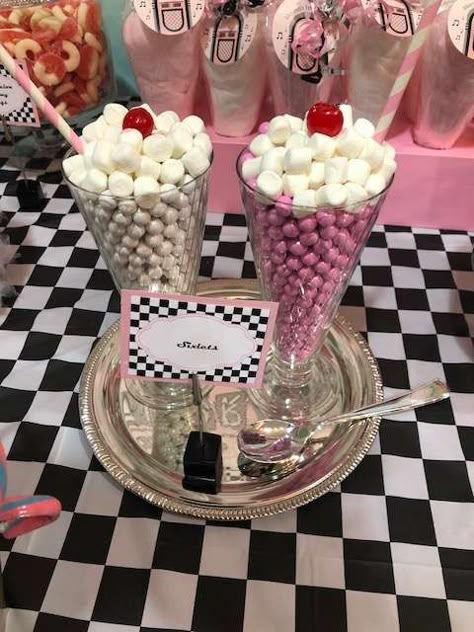 Sock Hop Party Centerpieces, 50s 50th Birthday Party, Oldies Party Theme Ideas, 50s Themed Party Ideas Food, 50s Birthday Ideas For Women, 1950s First Birthday Party, Grease 50th Birthday Party, 50s Party Centerpieces, 50s Party Decor