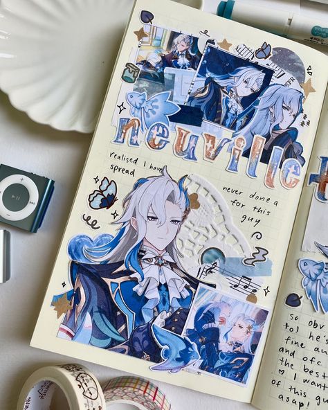 it’s about time i gave him a page in my journal 🤭🌊 [thank you everyone for 900 followers 🩵😖 y’all are the best] no more drawings on my posts haha, decided to tone it down a bit mwhahaha - #genshinimpact #neuvillette #neuvillettegenshinimpact #fountaine #anime #animeart #animejournal #genshinjournal #journal #journalling #bujo #bujoinspiration #midori Drawing On Notebook, Aesthetic Bujo, Sketch Cover Ideas, Composition Journal, My Scrapbook, Journaling Cover, Notebook Ideas Drawing, Thank You Page, Drawing Journal Ideas