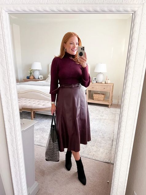 Elegant Dresses For Women Over 50 Classy Winter, Fall Workwear 2023, Leather A Line Skirt Outfit, Fall Dresses Classy, Winter Midi Skirt, Jw Outfits, Winter Midi Skirt Outfit, Modest Work Outfits, A Line Skirt Outfits