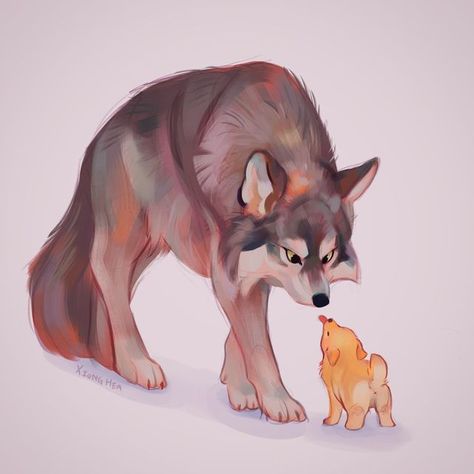 Xiong Hea on Instagram: ""you're telling me that this potato used to be a wolf in the past??!!!" I just wanted to draw something cute so have a potat blepping at a wolf!!! 🐺🐶 But yeah I am finally starting to get the hang of letting the brushworks carry the work and not over-render... (LESS IS MORE😤) it's actually harder to make good art with scribbles and I still need more practice at it! . . . . . #wolf #puppy #wolfart #animalart #digitalart #sketch #digitalsketch #sketchbook #sketchbookart Wolf Puppy, Cute Wolf Drawings, Canine Drawing, Puppy Drawing, Good Art, Puppy Art, Dog Sketch, Canine Art, Wolf Drawing