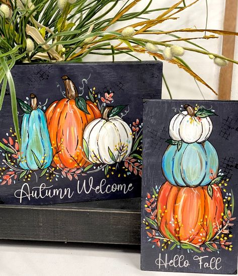 Autumn Welcome, Fall Sign, Fall Decor, Autumn Sign, Aqua Pumpkin, Painted Pumpkin Sign - Etsy Acrylic Fall Paintings Easy, Stacked Pumpkins Painting, Fall Boards Signs, Painted Pumpkin Sign, Fall Pumpkins Painting, Money Challenges, Fall Canvas Art, Pumpkin Paint, Pumpkin Painted