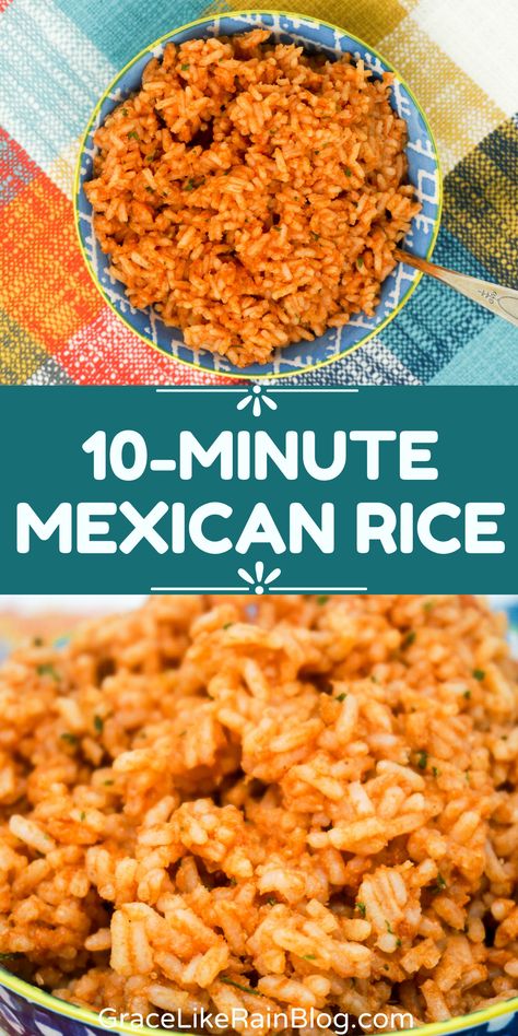 10-Minute Mexican Rice is a great quick side dish for your next Mexican night. You can whip up this Mexican Rice recipe in about 10 minutes. My nephew says this is the "best rice ever!" And I agree. | Quick Mexican Rice | Easy Mexican Rice | Mexican Rice with Instant Rice | Mexican Side Dishes | Instant Mexican Rice | #InstantRice #MexicanRice #Mexican #CincoDeMayo Quick Mexican Rice, Spicy Mexican Rice, Rice Mexican, Spanish Rice Easy, Mexican Rice Recipe, Taco Side Dishes, Mexican Side, The Best Rice, Mexican Rice Easy