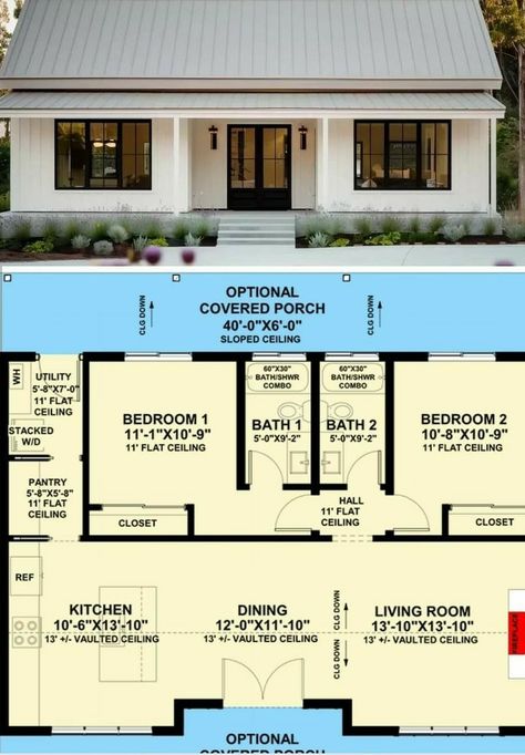 Cute Small House, Two Bedroom Cottage, American House Design, Small Cottage House Plans, American House Plans, Small Cottage Homes, Barn Style House Plans, Small House Floor Plans, Bedroom Cottage