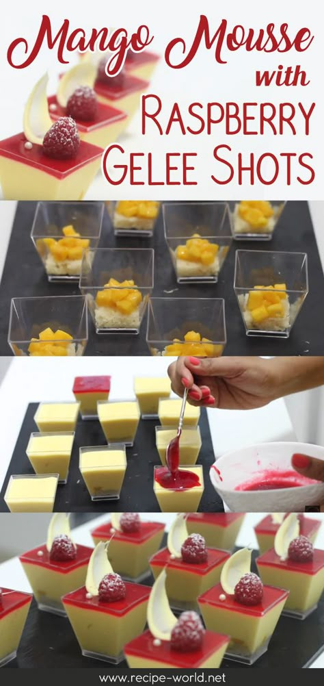 Eid Sweets Recipes, Mango Dessert Cups, Raspberry Mousse Cups, Mango Cheesecake Shooters, Raspberry Gelee, Desert Shots Mini Desserts Shooter Recipes, Mango Mousse Cups, Healthy Mango Mousse, Mango Mousse Recipe